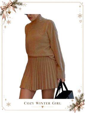 Turtleneck Sweater and Pleated Mini Skirt Set Knit Two Piece